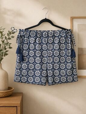 Roller Rabbit Navy and White Geometric Tassel Shorts